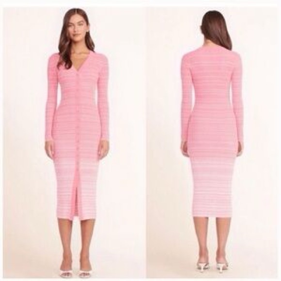 STAUD Coral Pink/White Shoko Ribbed Midi Dress - Small - Picture 2 of 5